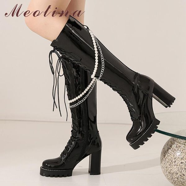 boots meotina patent cow leather motorcycle platform thick high heel knee chain string bead lace up lady autumn, Black
boots meotina patent cow leather motorcycle platform thick high heel knee chain string bead lace up lady autumn, Black