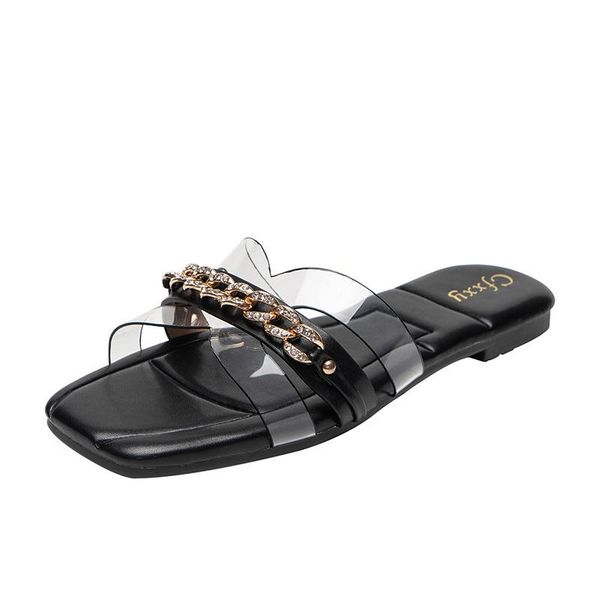 ladies slippers 2021 summer slides fashion transparent pvc metal chain decorated flat round toe women beach shoes, Black
ladies slippers 2021 summer slides fashion transparent pvc metal chain decorated flat round toe women beach shoes, Black