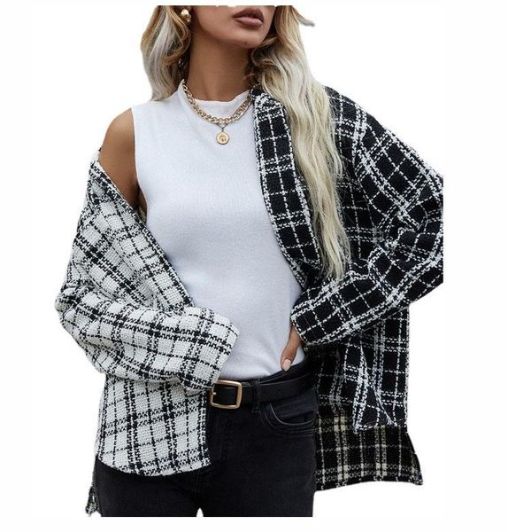 women's jackets 2021 autumn fashion long-sleeve shirt black and white stitching plaid single breasted cardigan coat, Black;brown
women's jackets 2021 autumn fashion long-sleeve shirt black and white stitching plaid single breasted cardigan coat, Black;brown