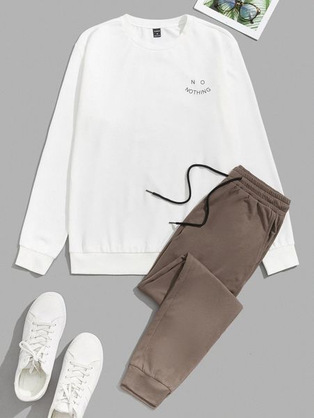 men letter graphic pullover and joggers set m9g7#, Gray