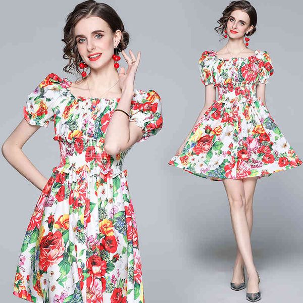 french sweet temperament design floral print one-way neck short-sleeved elastic waist short holiday dress 210525, Black;gray
french sweet temperament design floral print one-way neck short-sleeved elastic waist short holiday dress 210525, Black;gray