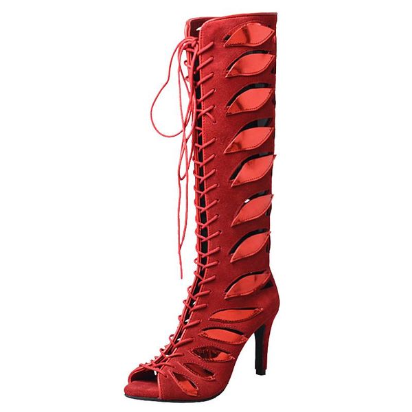 red hollow out women knee high boots lace-up summer peep toe gladiator sandals 10cm heel botas mujer, Black
red hollow out women knee high boots lace-up summer peep toe gladiator sandals 10cm heel botas mujer, Black