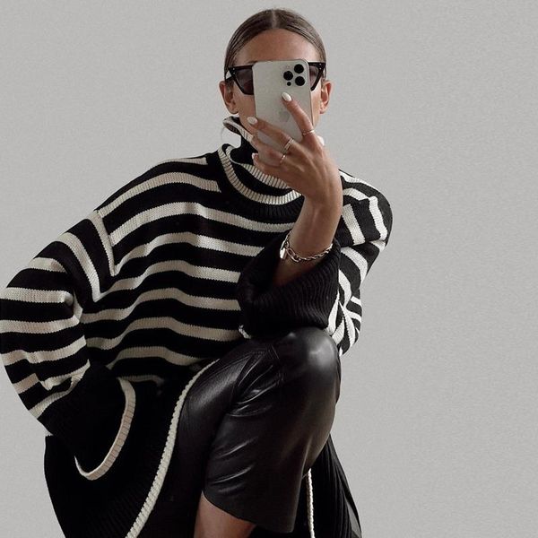 women's sweaters high neck long sleeve khaki striped stitching loose casual fashion knitted sweater 2021 fall and winter oversized pull, White;black
women's sweaters high neck long sleeve khaki striped stitching loose casual fashion knitted sweater 2021 fall and winter oversized pull, White;black