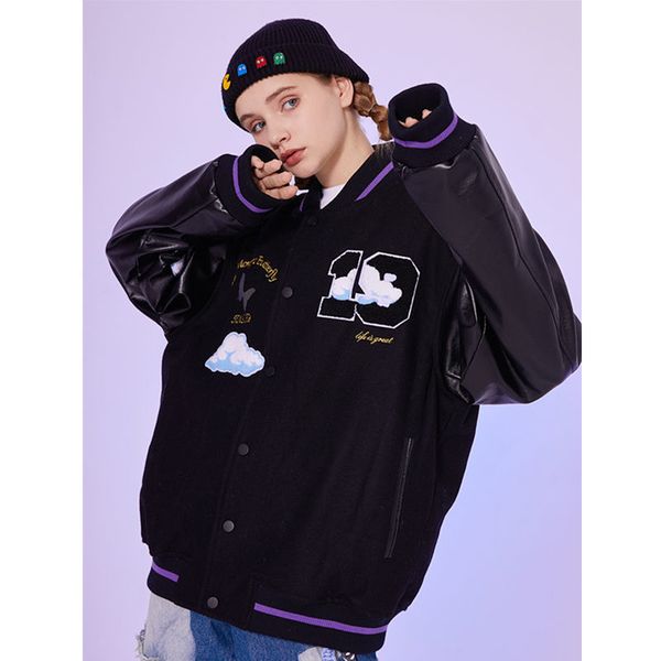spring and autumn leisure trend jackets coat women's white clouds spliced baseball uniform woolen jacket, Black;brown
spring and autumn leisure trend jackets coat women's white clouds spliced baseball uniform woolen jacket, Black;brown