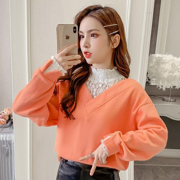 women's hoodies & sweatshirts 2021 women spring autumn fake two pieces lace half turtleneck patchwork long sleeve korean loose pullover, Black
women's hoodies & sweatshirts 2021 women spring autumn fake two pieces lace half turtleneck patchwork long sleeve korean loose pullover, Black