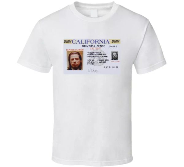 pulp fiction vincent vega california drivers license movie fan t shirt, White;black
pulp fiction vincent vega california drivers license movie fan t shirt, White;black