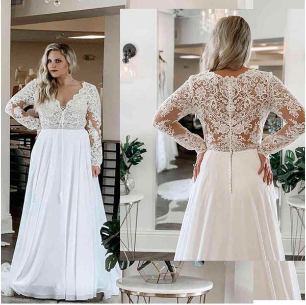 2021 plus size wedding dresses beach bridal gown long sleeves lace applique scalloped v neck illusion custom made sweep train chiffon vestid, White
2021 plus size wedding dresses beach bridal gown long sleeves lace applique scalloped v neck illusion custom made sweep train chiffon vestid, White
