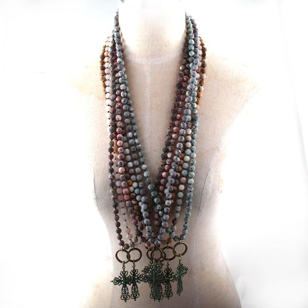 pendant necklaces moodpc fashion bohemian tribal jewelry natural semi precious stones knotted metal cross necklace, Silver