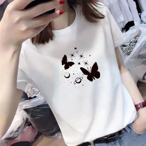 women's t-shirt summer short sleeve female 2021 korean slim butterfly print t shirt women, White
women's t-shirt summer short sleeve female 2021 korean slim butterfly print t shirt women, White