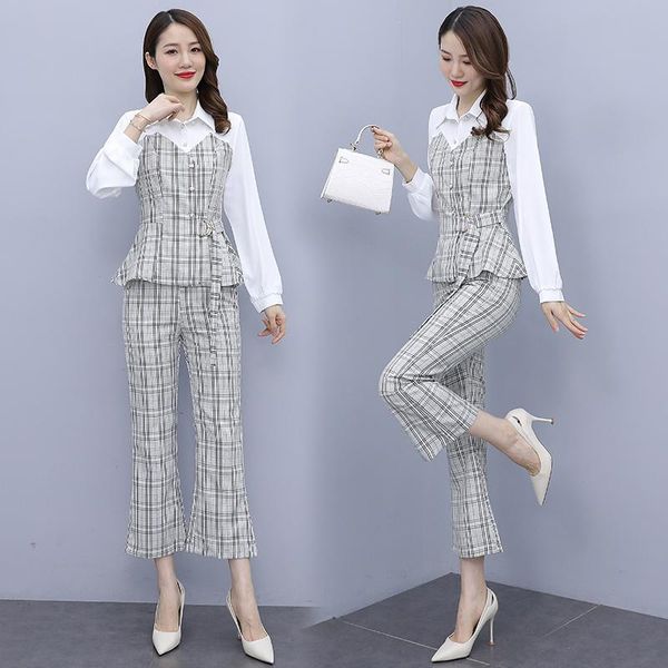 women's two piece pants women sets 2021 autumn retro french temperament lapel shirt suit high waist check wide-leg two-piece, White
women's two piece pants women sets 2021 autumn retro french temperament lapel shirt suit high waist check wide-leg two-piece, White