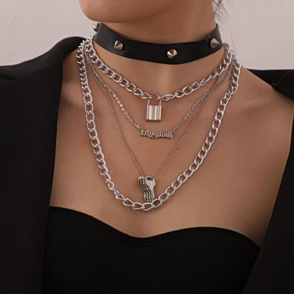 chains cool punk style taper studs pu leather choker multi layered with keys and lock fashion pendant necklace, Silver
chains cool punk style taper studs pu leather choker multi layered with keys and lock fashion pendant necklace, Silver