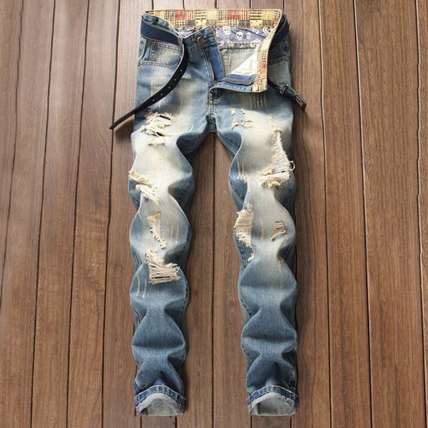 Mens ripped jeans European and American style new youth retro old light- frayed straight trousers, Blue
Mens ripped jeans European and American style new youth retro old light- frayed straight trousers, Blue