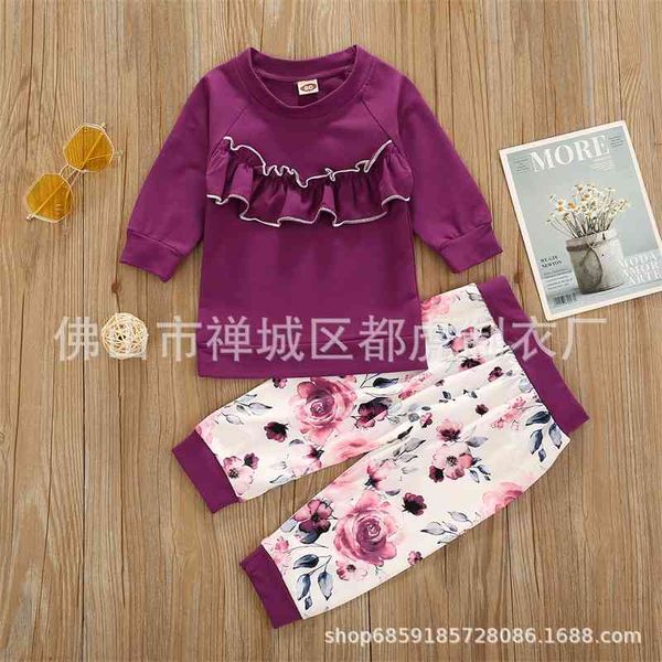 2020 autumn new children's purple sweater + printed pants two piece set, White 
2020 autumn new children's purple sweater + printed pants two piece set, White