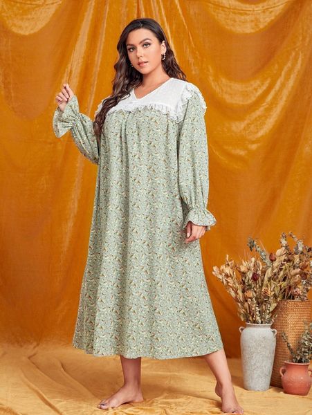 plus ditsy floral print lace ruffle trim flounce sleeve night dress x4t6#, Black;white
plus ditsy floral print lace ruffle trim flounce sleeve night dress x4t6#, Black;white