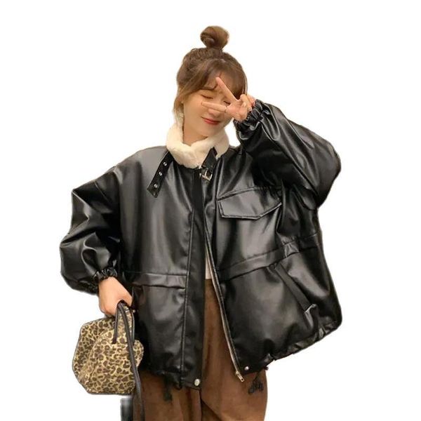 women's leather & faux fashion winter korean version 2021 plus velvet stand-up collar motorcycle clothing pu jacket women, Black
women's leather & faux fashion winter korean version 2021 plus velvet stand-up collar motorcycle clothing pu jacket women, Black