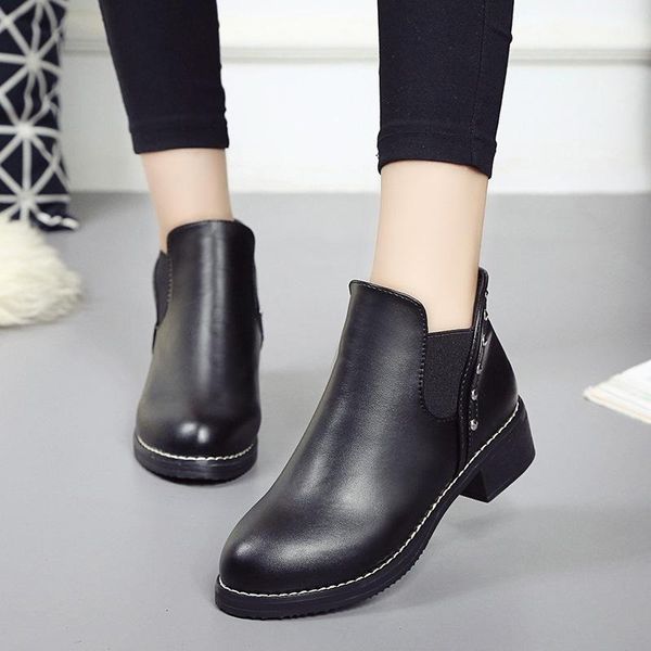 boots 2021 female leather women thick heels ankle for round toe winter shoes flat platform, Black