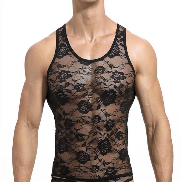mens vest lace printing men roses breathable tank netting mesh gay shirt for sleeveless, White;black 
mens vest lace printing men roses breathable tank netting mesh gay shirt for sleeveless, White;black