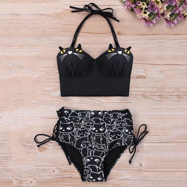 women's swimwear 2021 cat bikinis women retro high waisted plus size padded push up swimsuit 2 pcs printed swimming suit, White;black
women's swimwear 2021 cat bikinis women retro high waisted plus size padded push up swimsuit 2 pcs printed swimming suit, White;black