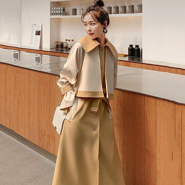 women's trench coats khaki long windbreaker jacket for women 2021 spring autumn temperament overcoat over knee fashion stitching jacket, Tan;black
women's trench coats khaki long windbreaker jacket for women 2021 spring autumn temperament overcoat over knee fashion stitching jacket, Tan;black