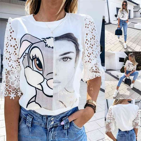 fashion round neck white loose women summer casual female t-shirt featured stitching rabbit lace cutout sleeve tshirt 210517
fashion round neck white loose women summer casual female t-shirt featured stitching rabbit lace cutout sleeve tshirt 210517