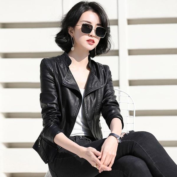 women's leather & faux women fashion pu jacket zipper motorcycle coat short biker soft bomber female, Black