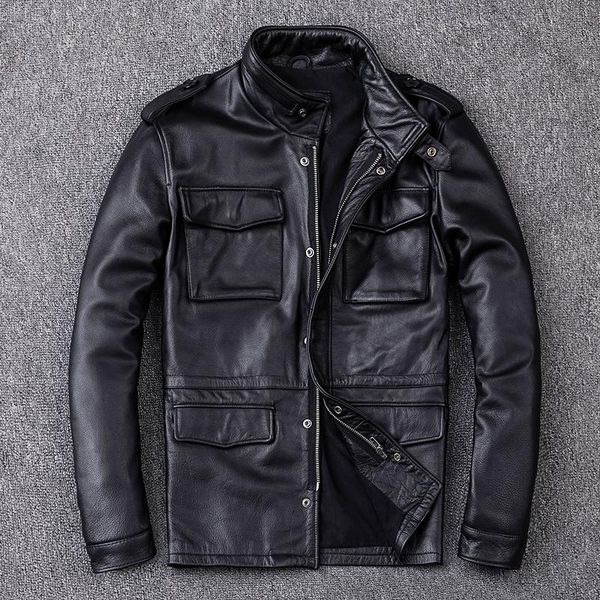 men's leather & faux m65 genuine hunting jacket men long cowskin stand collar motorcycle multi-pocket biker coat, Black
men's leather & faux m65 genuine hunting jacket men long cowskin stand collar motorcycle multi-pocket biker coat, Black