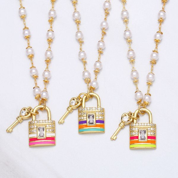cz micro pave lock key pendant necklace gold plated pearl chain jewelry, Silver
cz micro pave lock key pendant necklace gold plated pearl chain jewelry, Silver