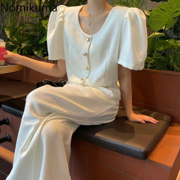 women's two piece pants nomikuma o neck puff sleeve single breasted high waist casual loose korean chic vintage vetement women set, White
women's two piece pants nomikuma o neck puff sleeve single breasted high waist casual loose korean chic vintage vetement women set, White