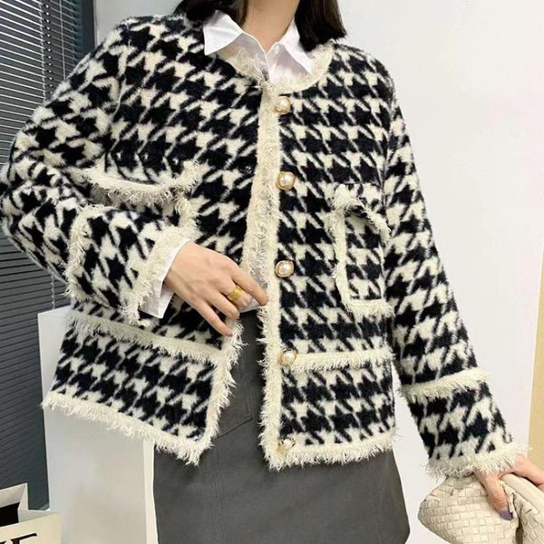women's jackets runway design autumn winter women mink velvet jacket female korean loose houndstooth embroidery tassles knit coat cloth, Black;brown 
women's jackets runway design autumn winter women mink velvet jacket female korean loose houndstooth embroidery tassles knit coat cloth, Black;brown