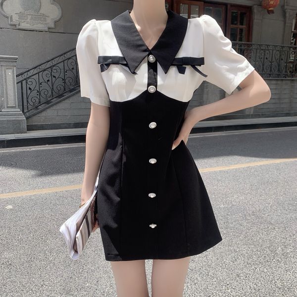 vintage fashion hit color sweet puff sleeve peter pan collar bowknot slim dress elegant single-breasted party dress vestidos 210518, Black;gray 
vintage fashion hit color sweet puff sleeve peter pan collar bowknot slim dress elegant single-breasted party dress vestidos 210518, Black;gray