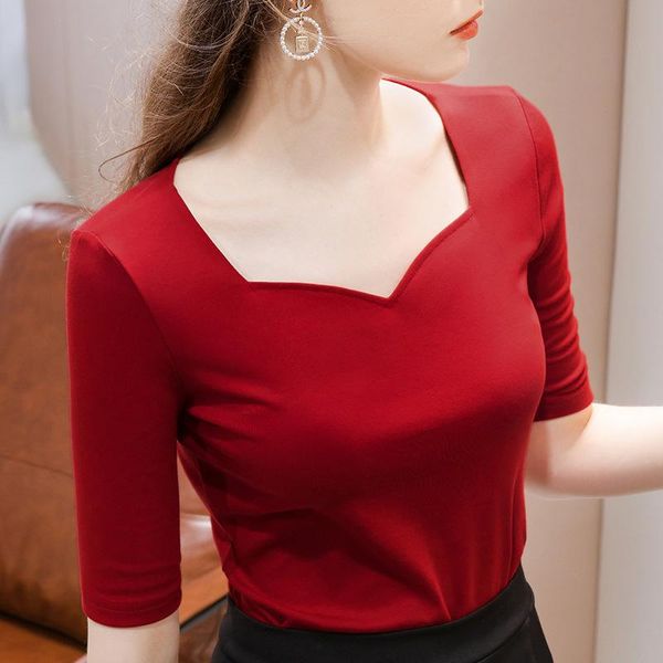 women's t-shirt mid sleeve 2021 early spring wear pure color cotton french quarter simple square collar top, White
women's t-shirt mid sleeve 2021 early spring wear pure color cotton french quarter simple square collar top, White