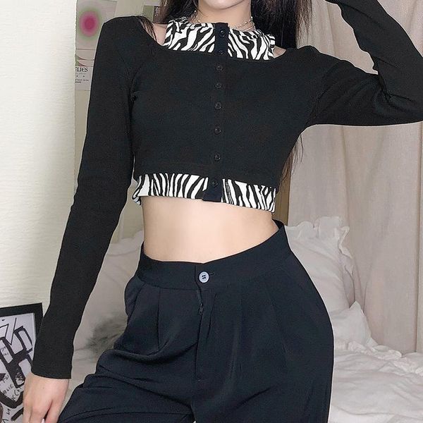 stylish long sleeve o-neck crop zebra striped patchwork fake two pieces button t-shirt chic fashion wild hollow shirt women's, White
stylish long sleeve o-neck crop zebra striped patchwork fake two pieces button t-shirt chic fashion wild hollow shirt women's, White
