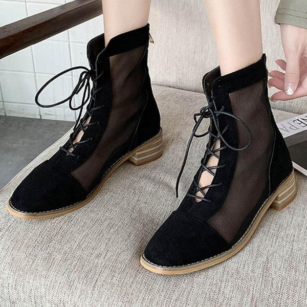 boots pu women ankle female zip high square heels shoes woman pointed toe ladies wire mesh lace up fashion short botas, Black 
boots pu women ankle female zip high square heels shoes woman pointed toe ladies wire mesh lace up fashion short botas, Black