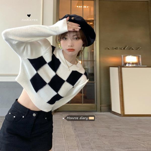 women's sweaters knitted sweater chessboard plaid women wear early autumn coat 2021 lazy style short top, White;black
women's sweaters knitted sweater chessboard plaid women wear early autumn coat 2021 lazy style short top, White;black
