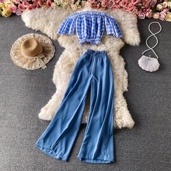 summer high waist loose straight leg trousers two piece suits with one shoulder plaid short sleeve holiday women's pants, White
summer high waist loose straight leg trousers two piece suits with one shoulder plaid short sleeve holiday women's pants, White