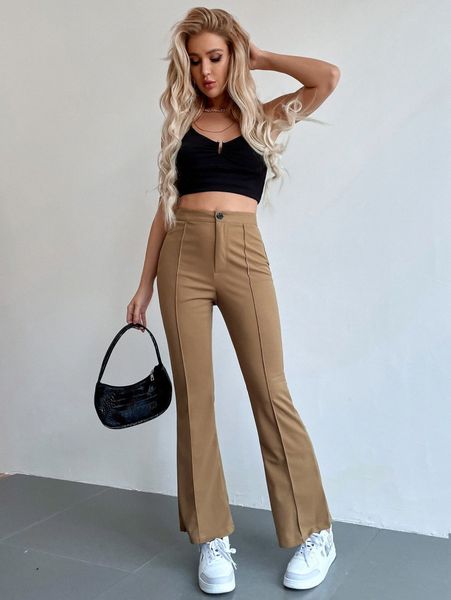seam front high waist flare leg pants j0lw#, Black;white
