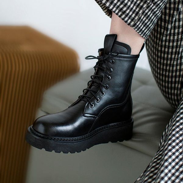 boots genuine leather women lace-up fashion office lady platform ankle round toe flat with shoes, Black
boots genuine leather women lace-up fashion office lady platform ankle round toe flat with shoes, Black