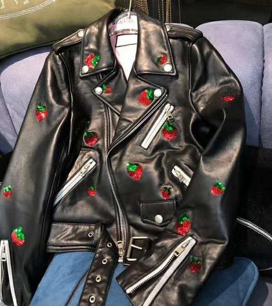women's leather & faux genuine coat women streetwear moto jacket ladies handmade strawberry pattern fashion sheepskin coats, Black
women's leather & faux genuine coat women streetwear moto jacket ladies handmade strawberry pattern fashion sheepskin coats, Black