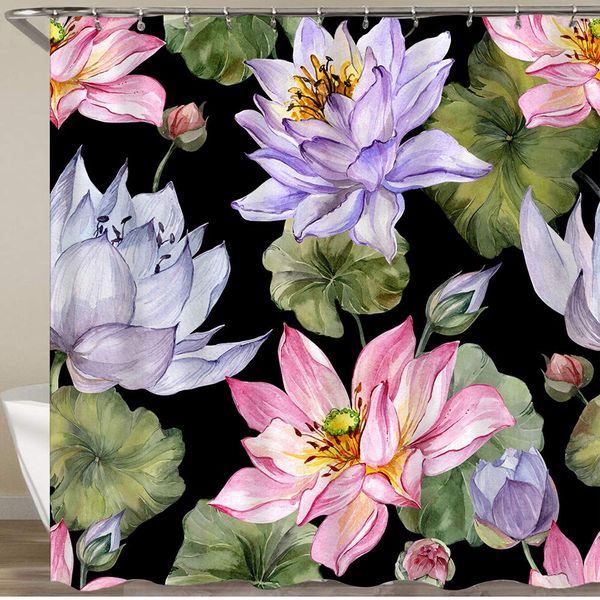 shower curtain set with 12 hooks,large pink and purple lotus flowers with leaves on black background,decorative bath curtain
shower curtain set with 12 hooks,large pink and purple lotus flowers with leaves on black background,decorative bath curtain
