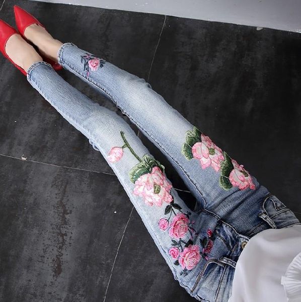 spring and autumn women's lotus embroidery slim jeans trousers all-match female girls stretch denim pants pencil, Blue
spring and autumn women's lotus embroidery slim jeans trousers all-match female girls stretch denim pants pencil, Blue