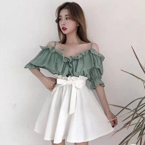 women's suits & blazers pure color ruffles off-the-shoulder high waist with straps bud skirt suit, White;black
women's suits & blazers pure color ruffles off-the-shoulder high waist with straps bud skirt suit, White;black