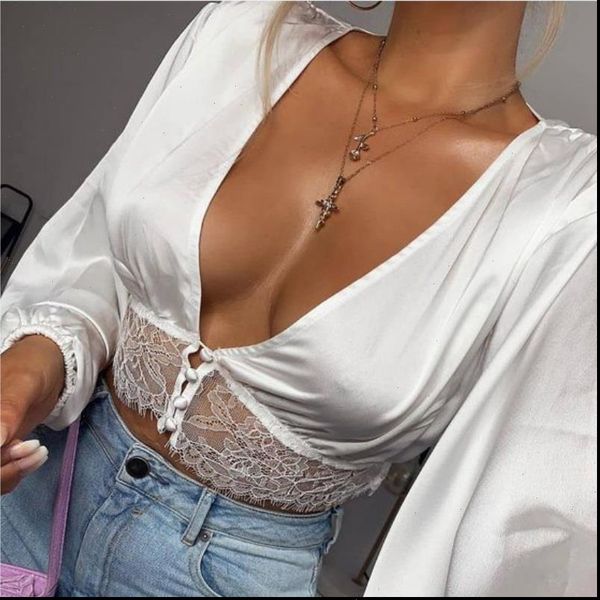 women shirt summer mesh sheer blouse lady see through deep v neck lace floral crop long sleeve blusa, White
women shirt summer mesh sheer blouse lady see through deep v neck lace floral crop long sleeve blusa, White