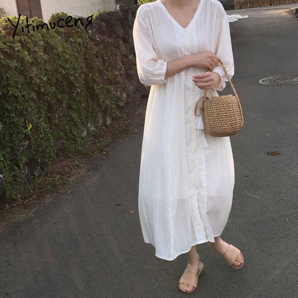 yitimuceng white dresses women oversize plus size lace high waist button up sundress summer fashion elegant midi dress 210601, Black;gray
yitimuceng white dresses women oversize plus size lace high waist button up sundress summer fashion elegant midi dress 210601, Black;gray