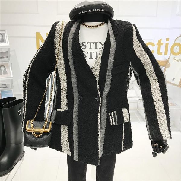 women's wool & blends niche design contrast striped woolen suit coat 2021 temperament fashionable slim and versatile thickening, Black
women's wool & blends niche design contrast striped woolen suit coat 2021 temperament fashionable slim and versatile thickening, Black