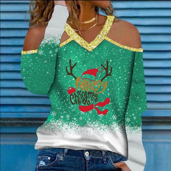 women's blouses & shirts 45# blouse ladies off shoulder christmas print plus size tee shirt long sleeve v neck oversized harajuku roup, White 
women's blouses & shirts 45# blouse ladies off shoulder christmas print plus size tee shirt long sleeve v neck oversized harajuku roup, White