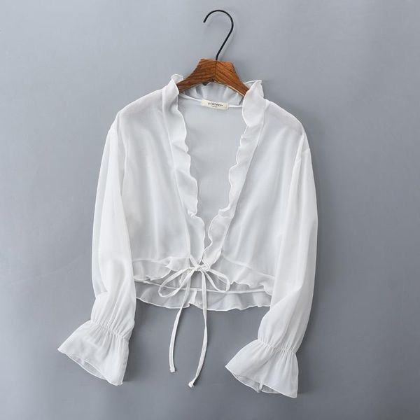 women's blouses & shirts summer chiffon ruffles lace up small cardigan for women short fairy blouse cover shirt sweet outer outfit sun, White
women's blouses & shirts summer chiffon ruffles lace up small cardigan for women short fairy blouse cover shirt sweet outer outfit sun, White