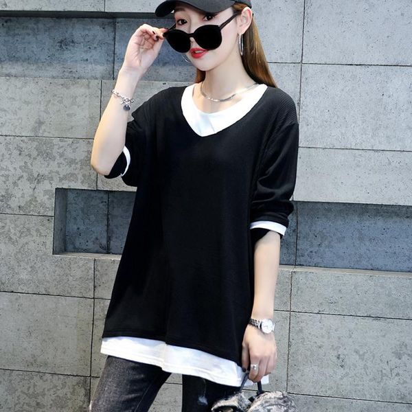 women's t-shirt women long-sleeve 2021 arrival spring and autumn cotton loose female fake two black gray korean style c23, White 
women's t-shirt women long-sleeve 2021 arrival spring and autumn cotton loose female fake two black gray korean style c23, White
