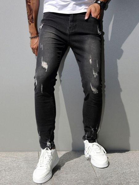 men ripped frayed bleach wash skinny jeans j2pu#, Blue