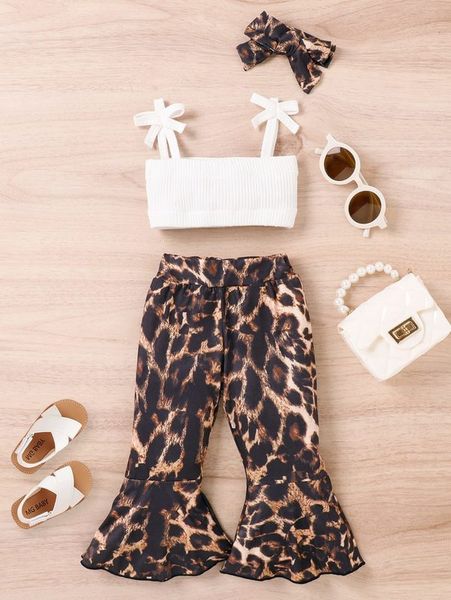 baby bow shoulder cami & leopard flare leg pants with headband she, White
baby bow shoulder cami & leopard flare leg pants with headband she, White