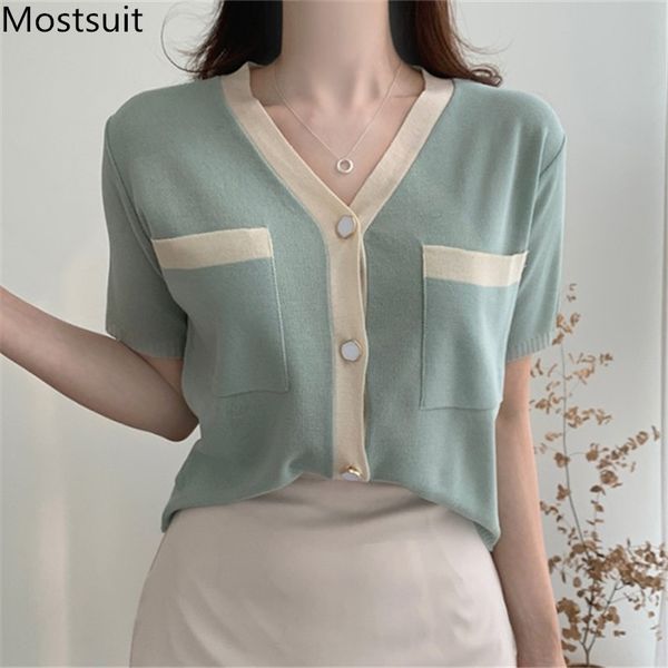 color-blocked v-neck cardigan women summer short sleeve single breasted pockets sweater korean elegant ladies jumpers 210514, White
color-blocked v-neck cardigan women summer short sleeve single breasted pockets sweater korean elegant ladies jumpers 210514, White